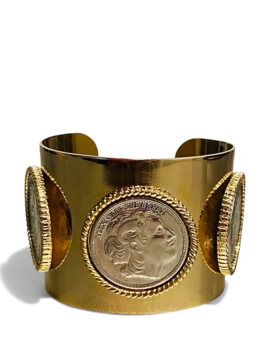Alexander The Great Jewelry - Large Roman Coin Gold Cuff Bracelet With Silver Coins “Alexander The Great”
